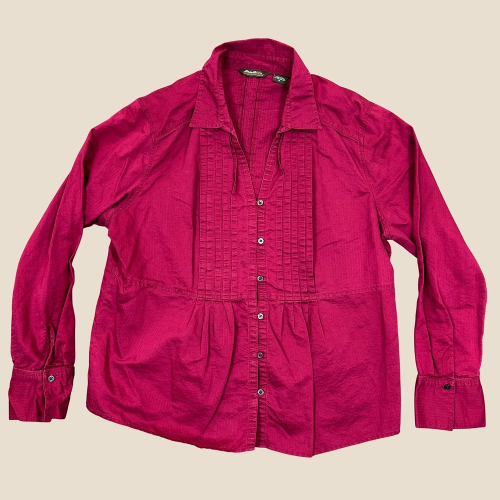 Vintage Eddie Bauer Button Down Women XL Magenta Pintuck Cotton Linen Blouse Top